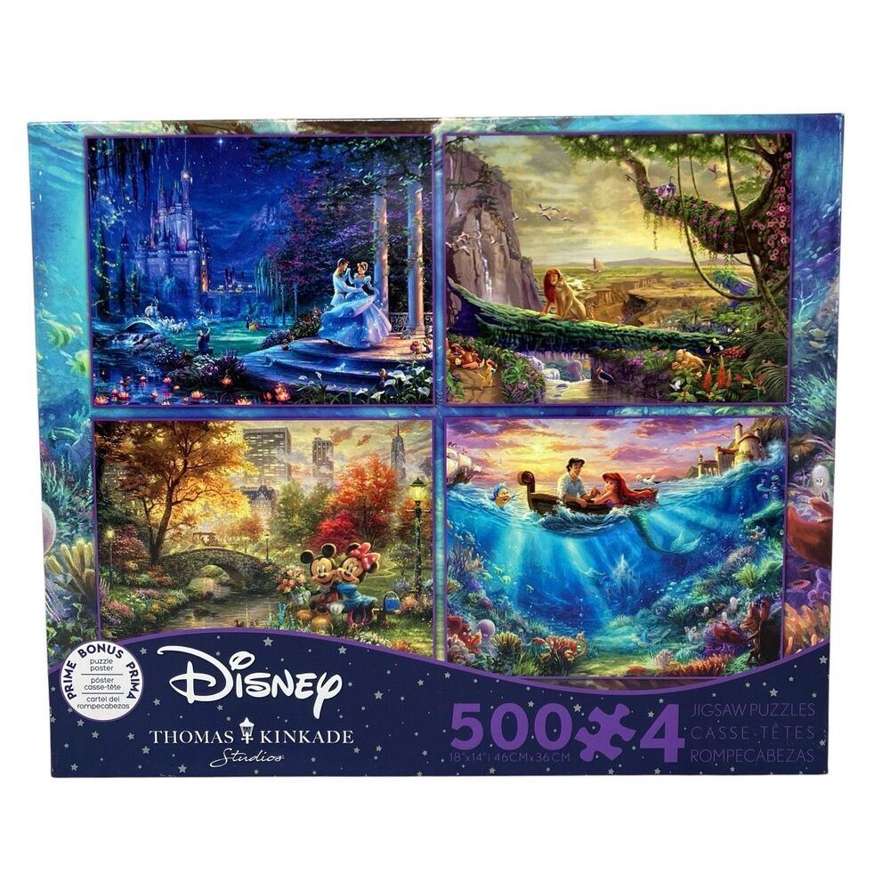 Ceaco Disney 4 Puzzles Set Thomas Kinkade Cinderella Ariel Lion King 500 Piece